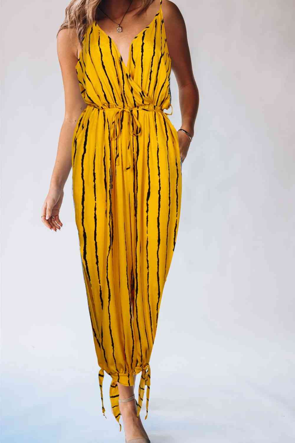 Striped Contrast Tie Ankle Spaghetti Strap Jumpsuit Shop One Place