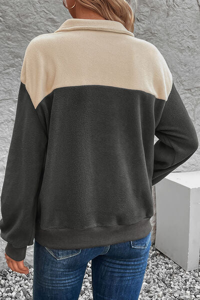 Color Block Quarter Button Dropped Shoulder Sweatshirt Shop One Place