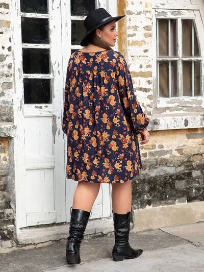 Plus Size Floral V-Neck Balloon Sleeve Dress Shop One Place