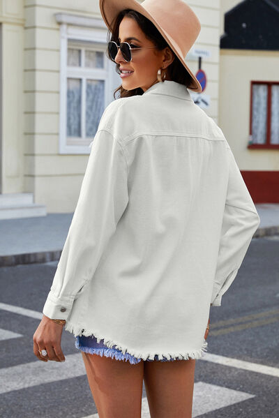 Button Up Pocketed Raw Hem Denim Jacket Shop One Place