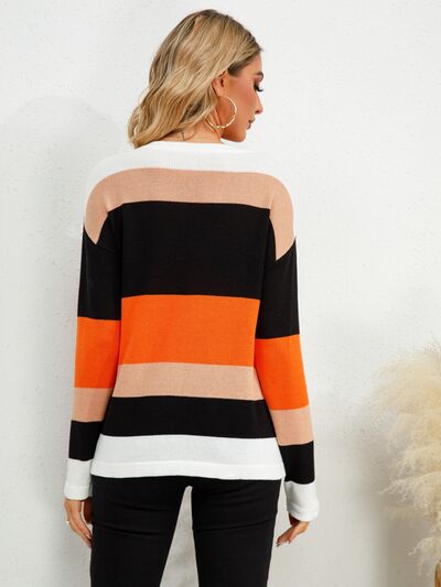 Striped Round Neck Dropped Shoulder Sweater Shop One Place
