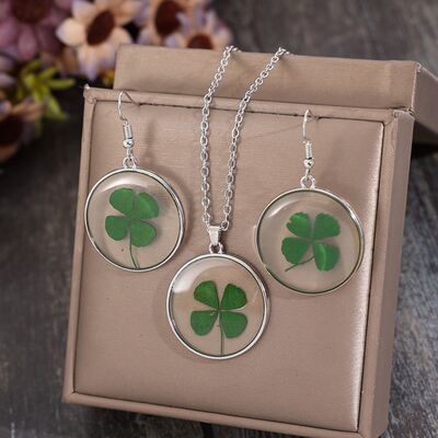 Lucky Clover Alloy Acrylic Earrings and Necklace Jewelry Set Shop One Place