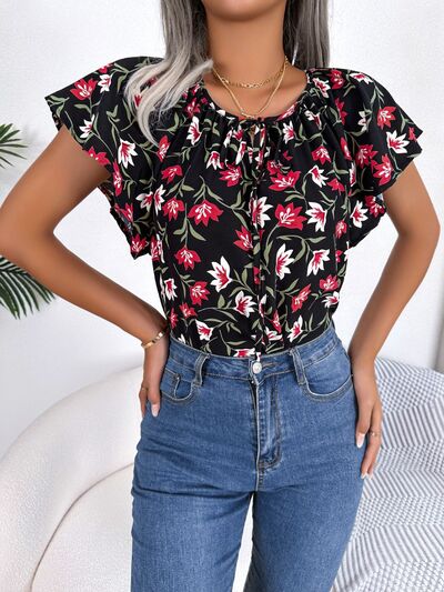 Floral Tie Neck Flutter Sleeve Blouse Shop One Place