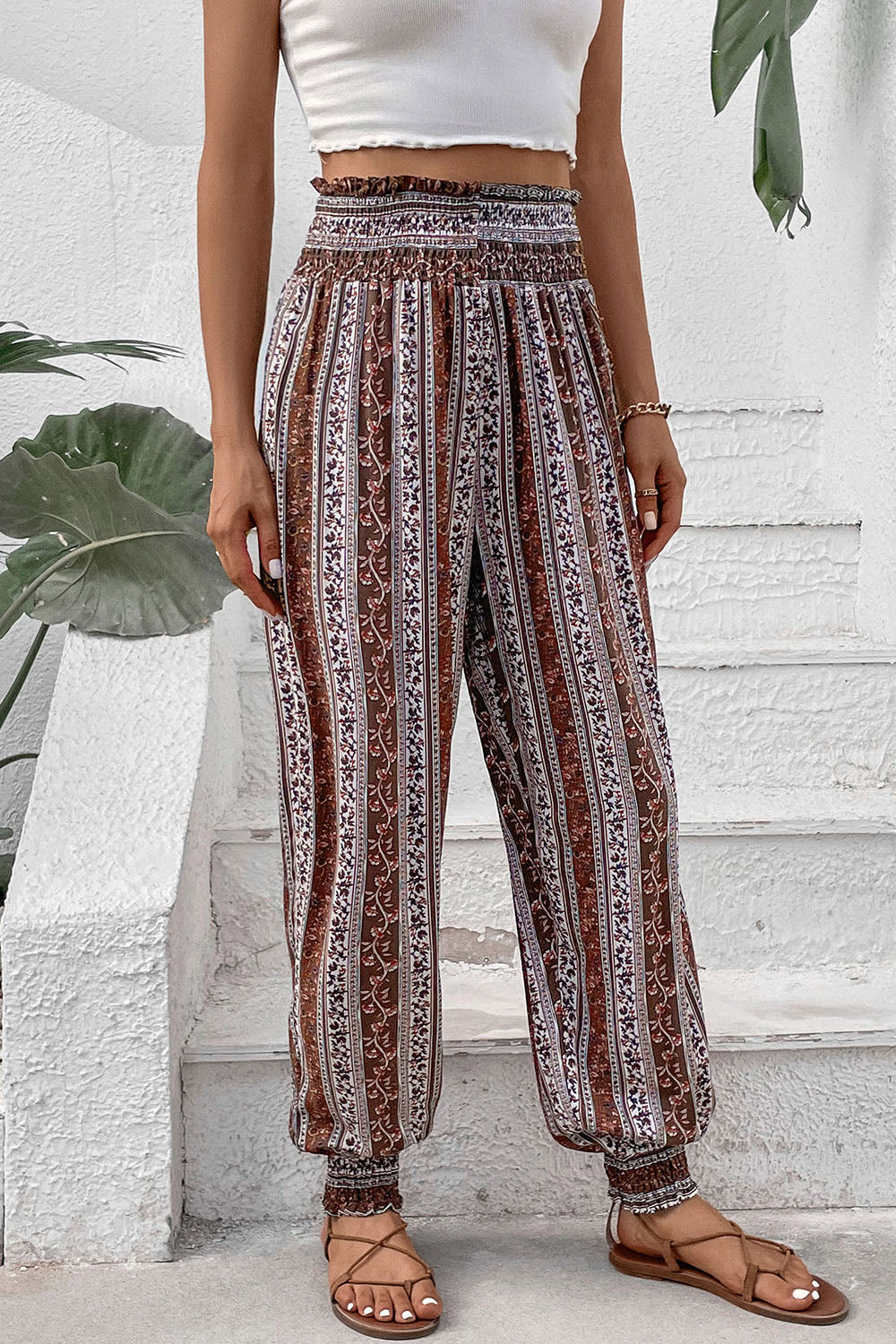 Smocked Printed High Waist Pants Shop One Place