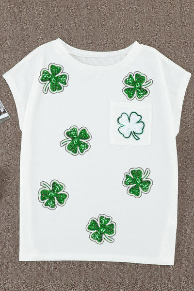 Sequin Lucky Clover Boat Neck T-Shirt Shop One Place