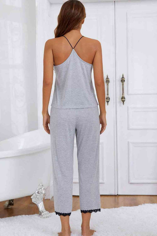 Halter Neck Cami and Lace Trim Pajama Set Shop One Place