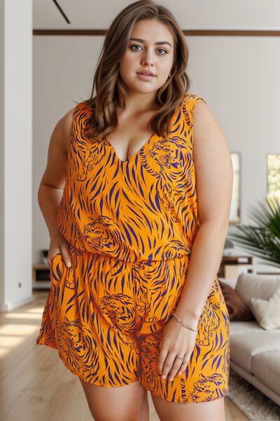 Plus Size Tiger Printed V-Neck Sleeveless Romper Shop One Place