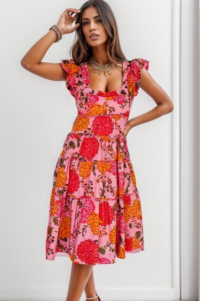 Ruffled Floral Square Neck Tiered Dress Shop One Place