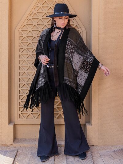 Plus Size Printed Fringe Open Front Outerwear Shop One Place