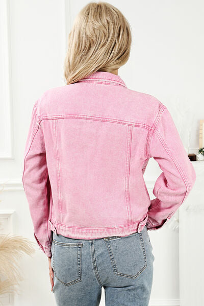 Pocketed Button Up Collared Neck Denim Jacket Shop One Place
