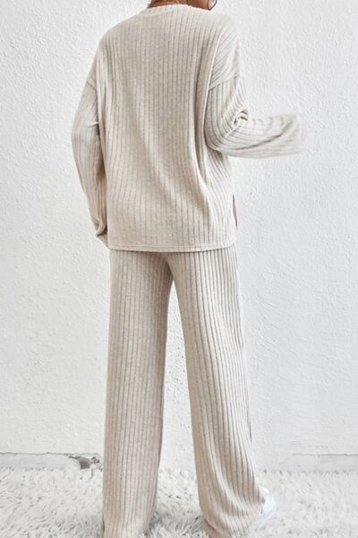 Ribbed Half Button Knit Top and Pants Set Shop One Place
