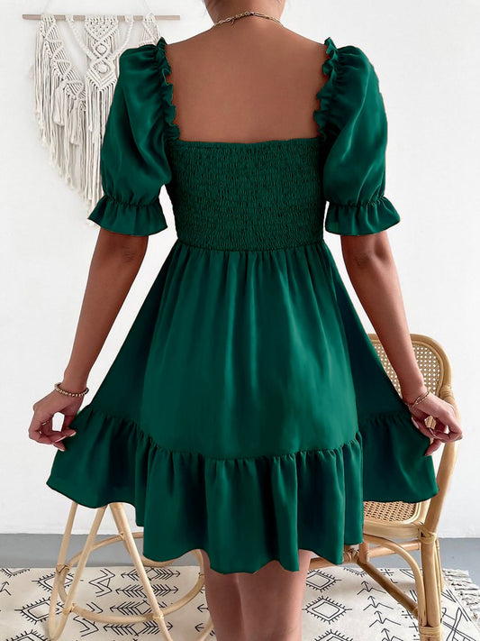 Smocked Square Neck Short Sleeve Dress Shop One Place