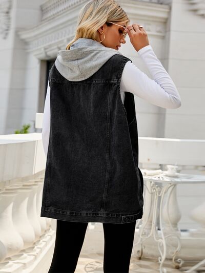 Drawstring Pocketed Button Up Sleeveless Denim Jacket Shop One Place