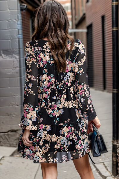 Printed Round Neck Balloon Sleeve Mini Dress Shop One Place