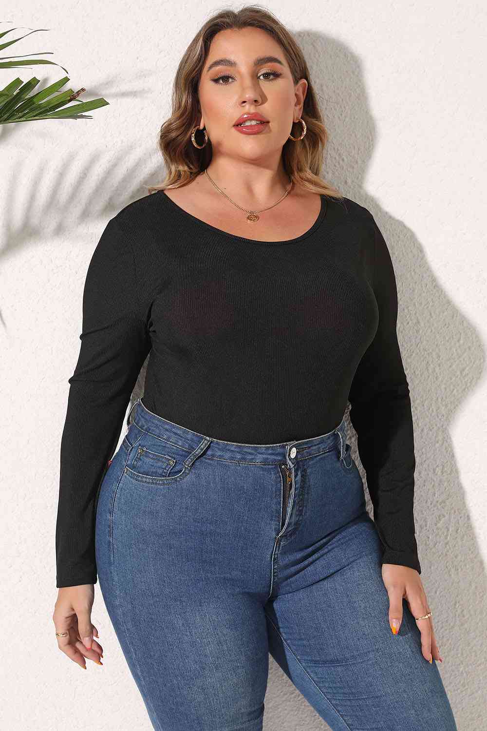 Plus Size Round Neck Long Sleeve Bodysuit Shop One Place