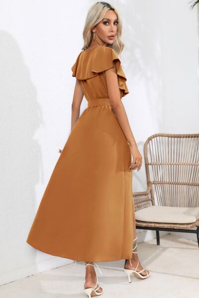 Ruffled Tied V-Neck Midi Dress Shop One Place