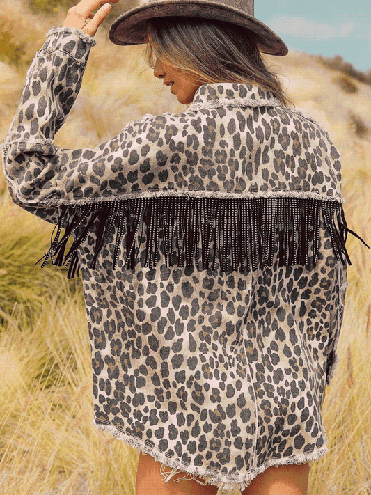 Leopard Fringe Detail Collared Neck Denim Jacket Shop One Place