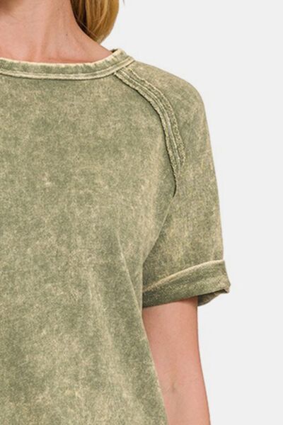 Zenana Heathered Round Neck Short Sleeve Blouse Shop One Place