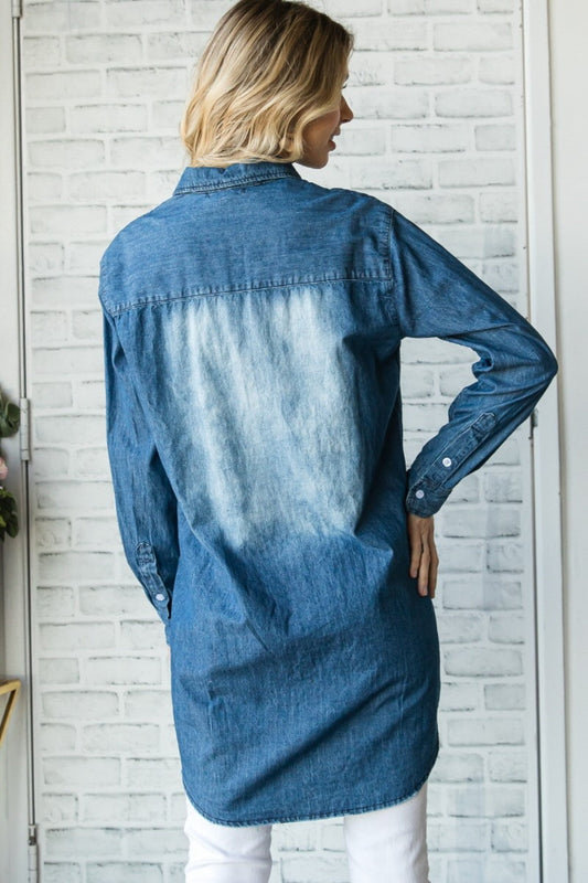 Veveret Pocketed Button Up Washed Denim Shirt Shop One Place