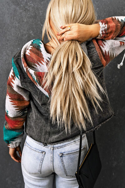 Drawstring Hooded Pocketed Denim Jacket Shop One Place