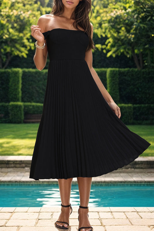 Pleated Off-Shoulder Midi Dress Shop One Place