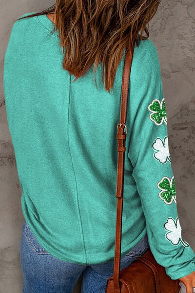 Lucky Clover Sequin Round Neck Sweatshirt Shop One Place