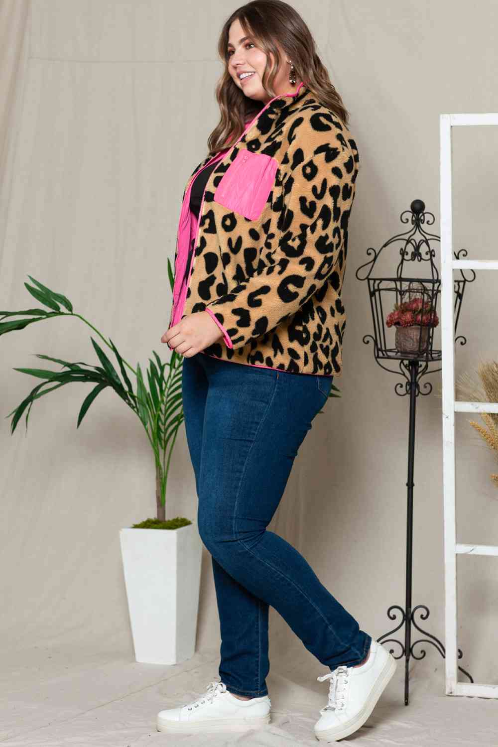 Plus Size Leopard Zip Up Jacket with Pockets Shop One Place