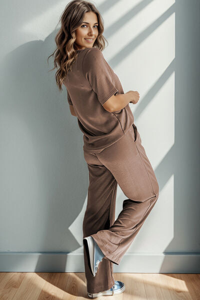 Round Neck Top and Pants Set Shop One Place