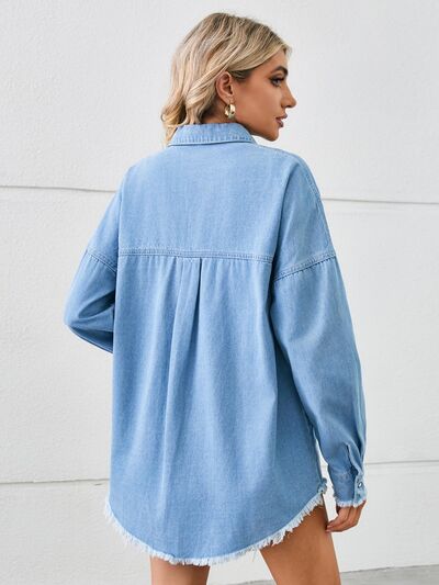 Distressed Raw Hem Dropped Shoulder Denim Jacket Shop One Place