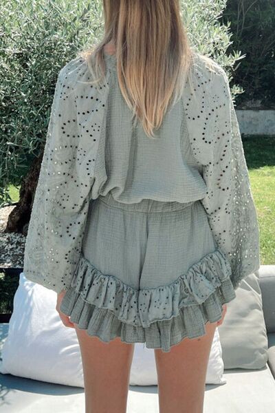 Eyelet Half Button Top and Shorts Set Shop One Place