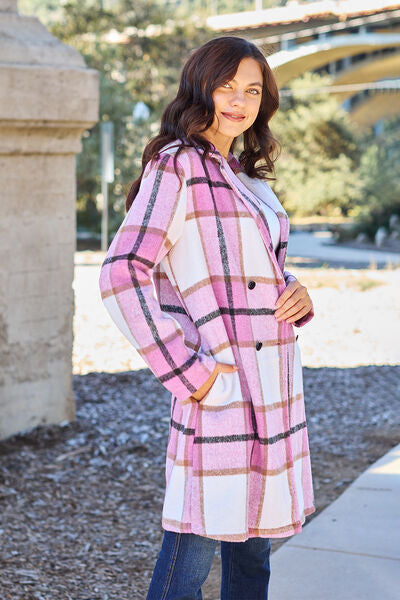 Double Take Full Size Plaid Button Up Lapel Collar Coat Shop One Place