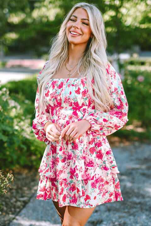 Floral Square Neck Layered Dress Shop One Place