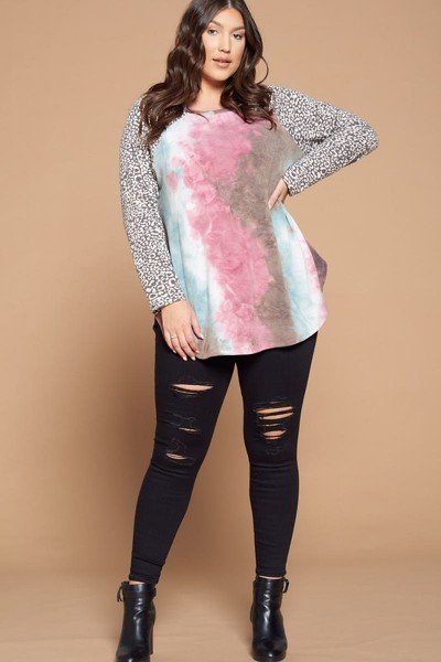 Plus Size French Terry Tie Dye Casual Color Block Top Shop One Place