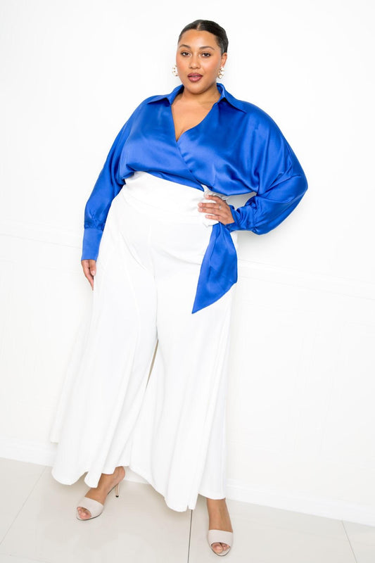 Satin Long Sleeve Tie Waist Wrap Top Shop One Place