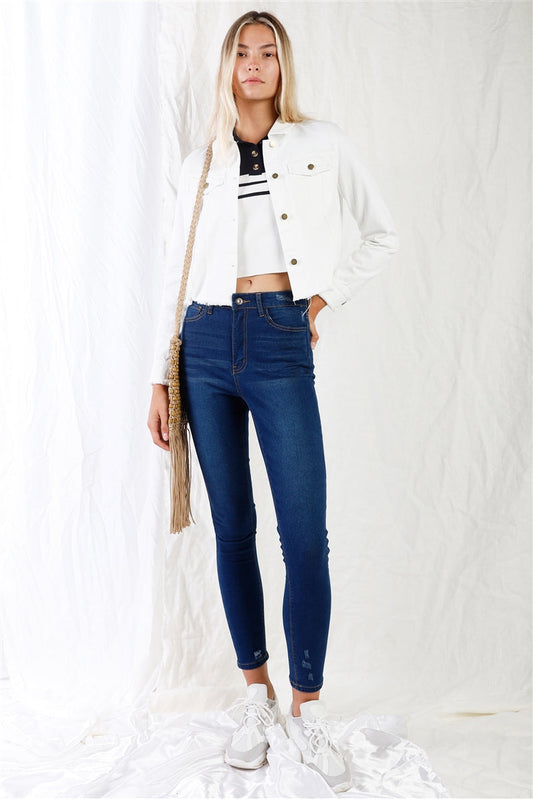 Dark Blue High-waisted With Rips Skinny Denim Jeans Shop One Place