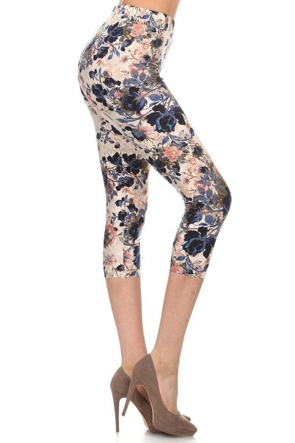 Multi-color Print, Cropped Capri Leggings In A Fitted Style With A Banded High Waist Shop One Place