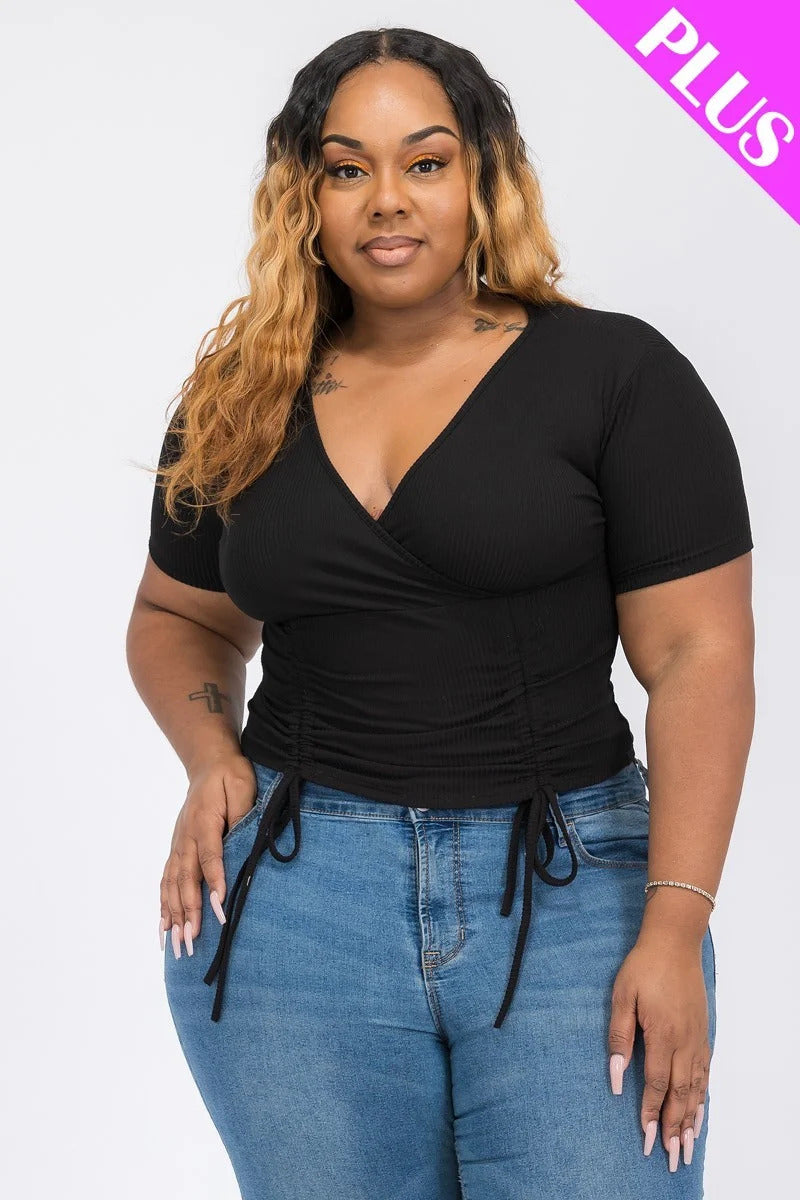 Plus Ribbed Ruched Drawstring Surplice Top Shop One Place