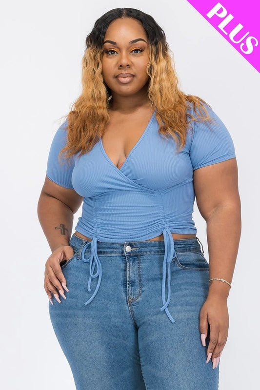 Plus Ribbed Ruched Drawstring Surplice Top Shop One Place