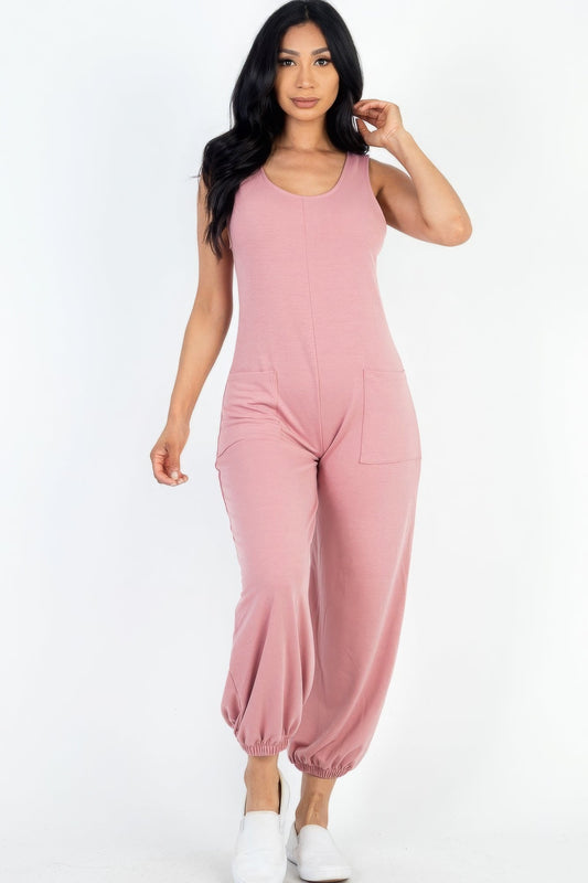 Casual Solid French Terry Sleeveless Scoop Neck Front Pocket Jumpsuit Shop One Place