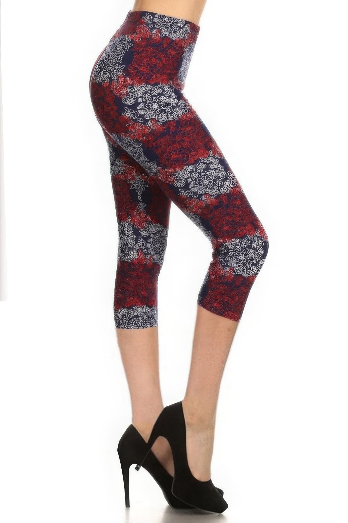 Multi-color Print, Cropped Capri Leggings In A Fitted Style With A Banded High Waist Shop One Place