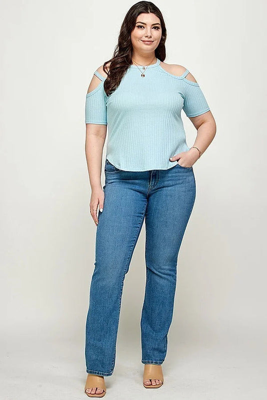 Plus Size, Solid Ribbed Cold Shoulder Top Shop One Place