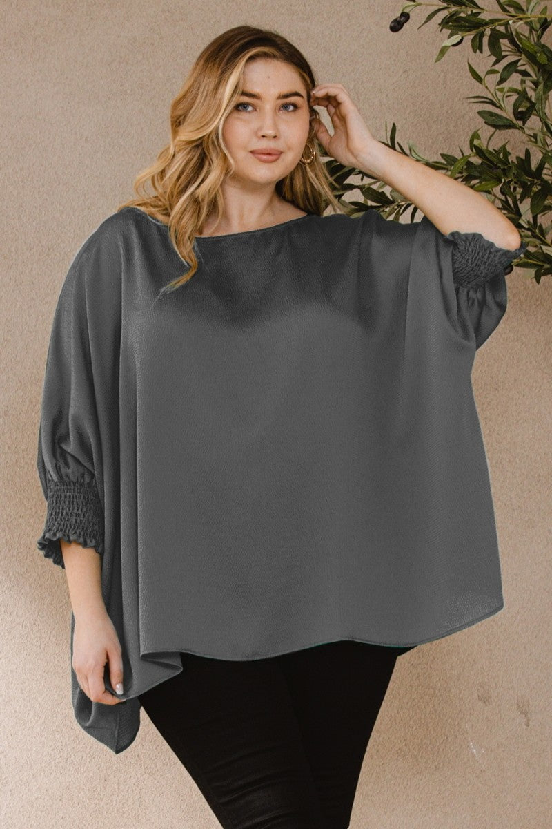 Ember Jacquard Solid Woven Oversized Boatneck 3/4 Sleeve Blouse Shop One Place