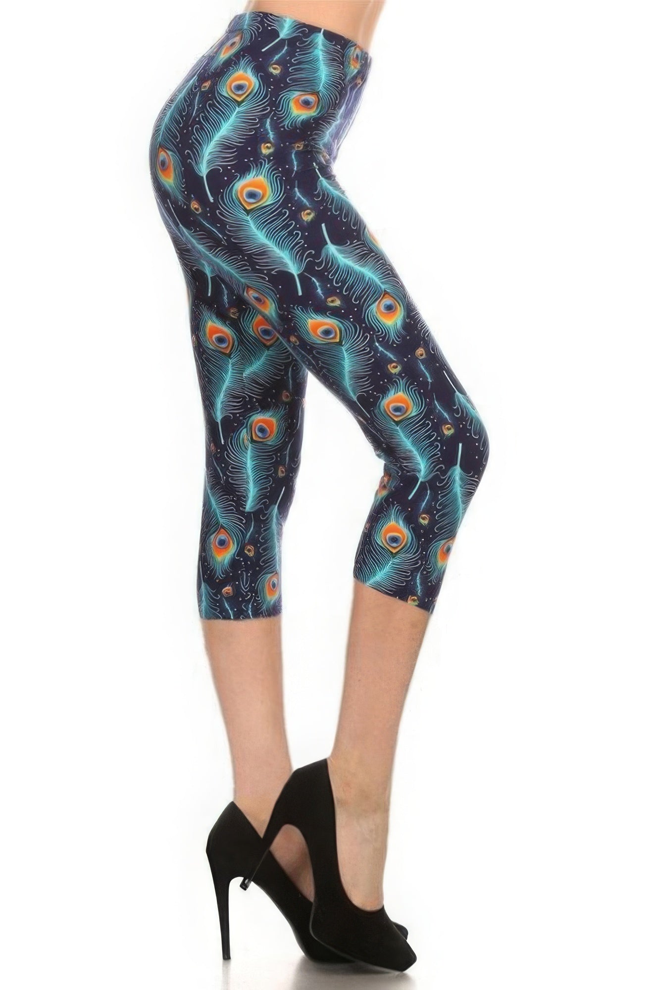Multi-color Print, Cropped Capri Leggings In A Fitted Style With A Banded High Waist Shop One Place