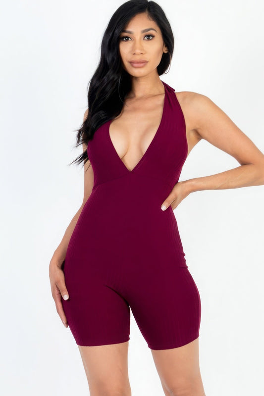 Casual Solid Halter V Neck Ribbed Bodycon Romper Shop One Place
