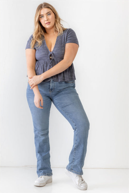 Plus Denim Blue Ribbed U-shape Neck Flare Hem Tie Top Shop One Place