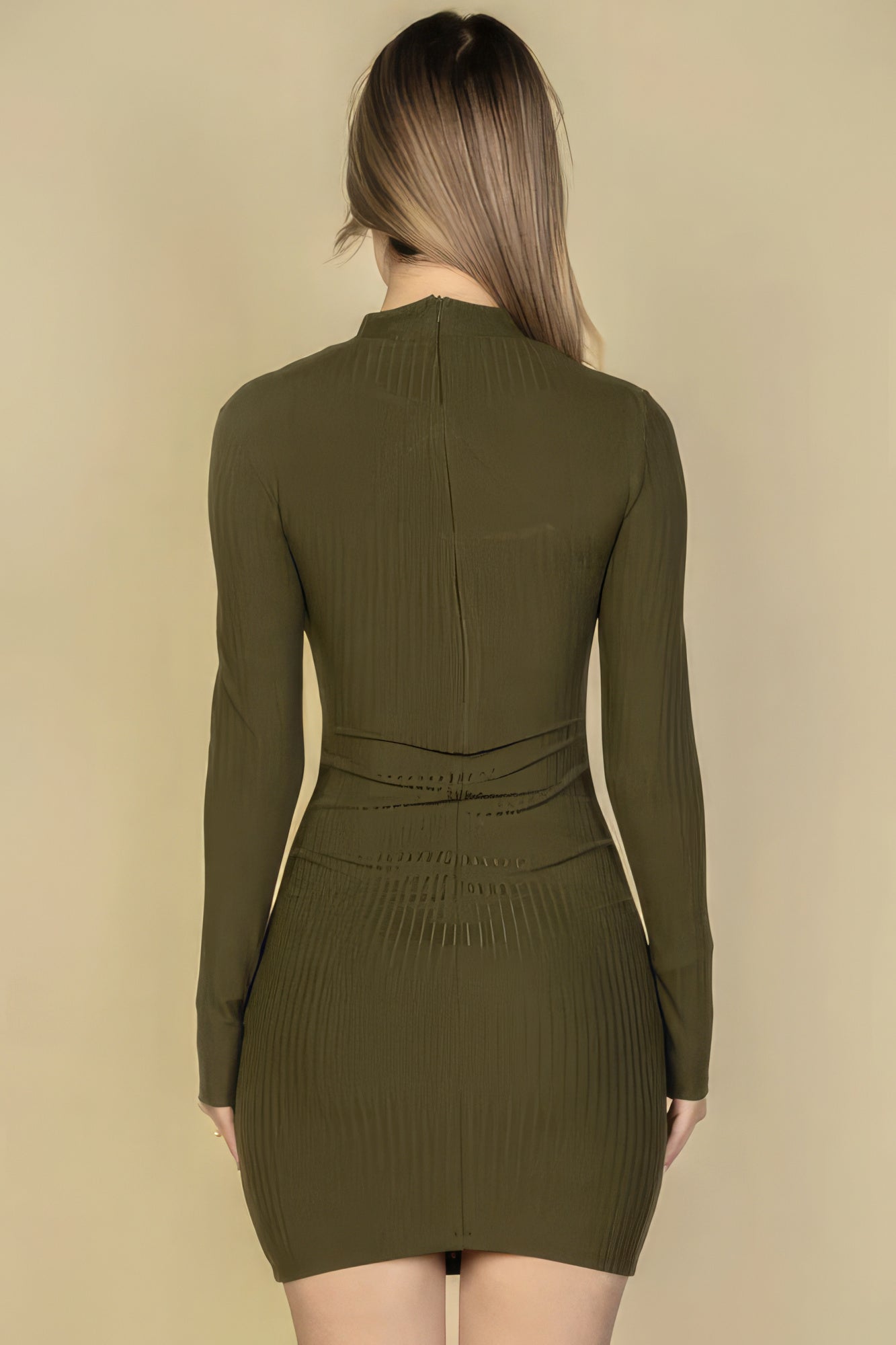 Ribbed Cut Out Front Long Sleeve Bodycon Mini Dress Shop One Place