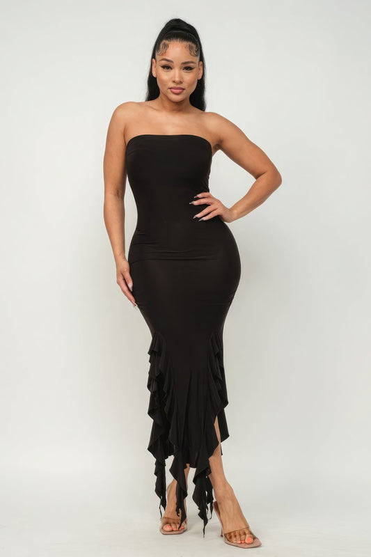 Solid Bottom Ruffle Trim Hem Slit Tube Maxi Dress Shop One Place