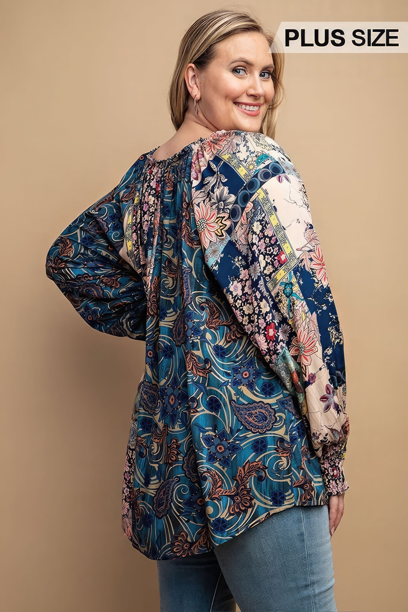 Mixed Print Front Button Long Sleeve Top Shop One Place