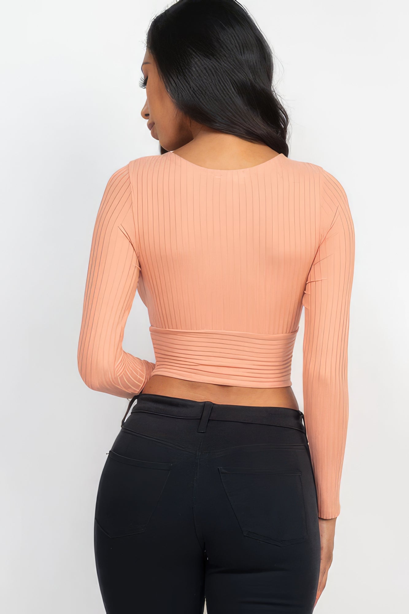 Ribbed Wrap Front Long Sleeve Top Shop One Place