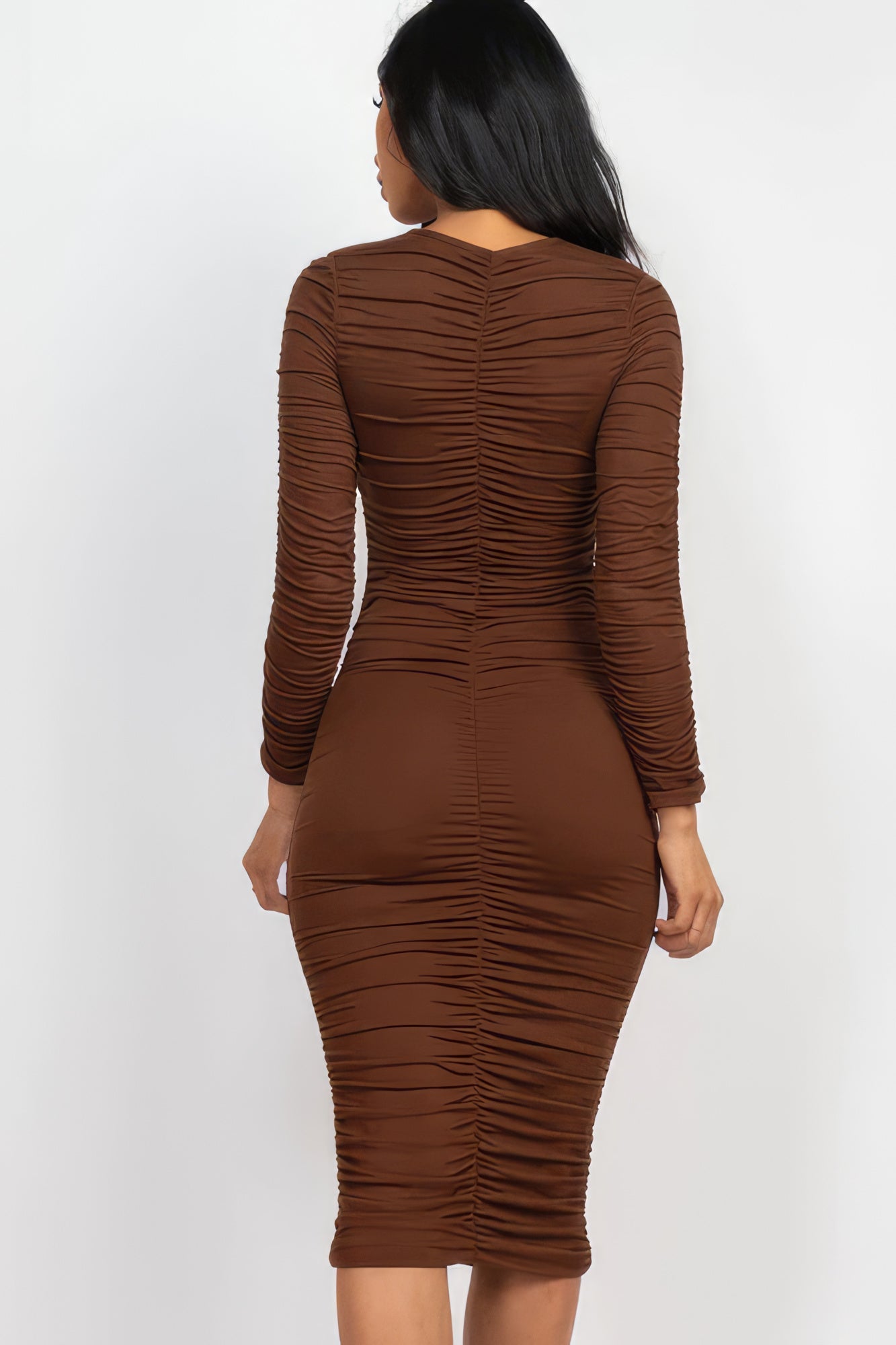 Ruched Long Sleeve Midi Dress Shop One Place